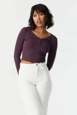 Stitches Ladies Tops Ribbed Lettuce Hem Cropped Henley Top