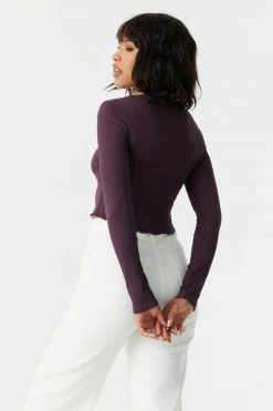 Stitches Ladies Tops Ribbed Lettuce Hem Cropped Henley Top