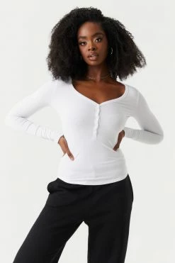 Stitches Ladies Tops Soft Ribbed Henley Long Sleeve Top