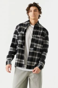 Mens Tops Double Oversized Pocket Plaid Button-Up Top