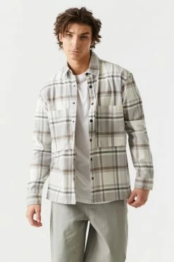 Mens Tops Double Oversized Pocket Plaid Button-Up Top
