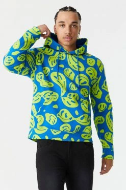 Mens Warped Smiley Print Hoodie Tops