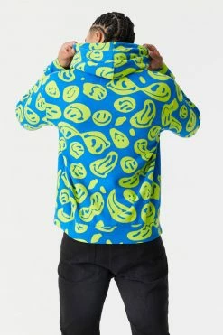 Mens Warped Smiley Print Hoodie Tops