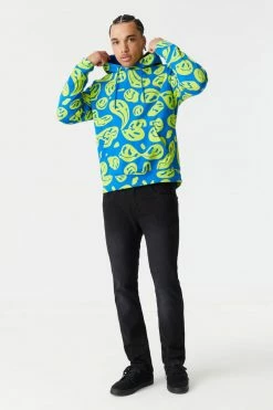 Mens Warped Smiley Print Hoodie Tops 5 Mens Warped Smiley Print Hoodie Tops