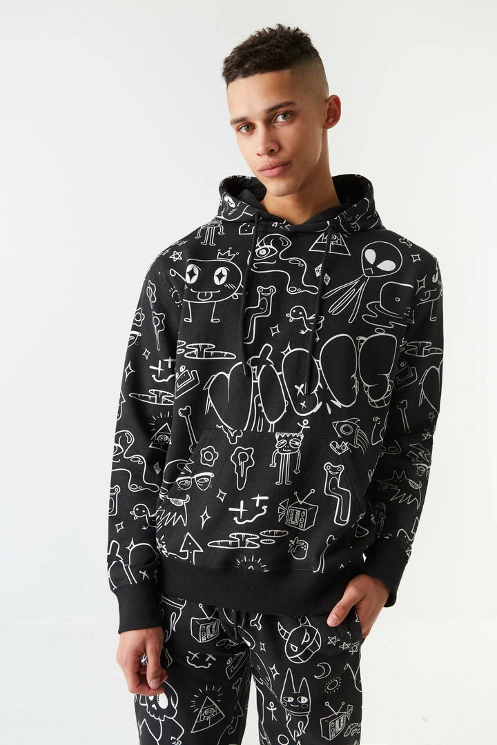 Mens Cartoon Doodles Print Hoodie Tops 1 Mens Cartoon Doodles Print Hoodie Tops