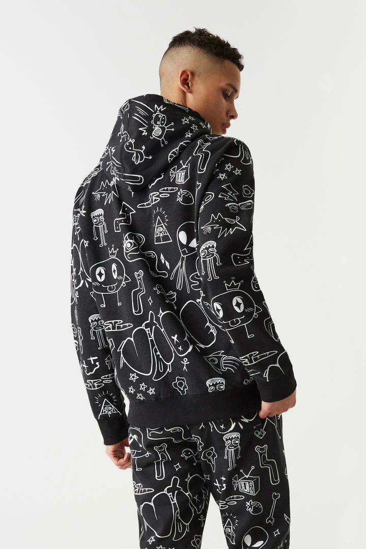 Mens Cartoon Doodles Print Hoodie Tops 2 Mens Cartoon Doodles Print Hoodie Tops