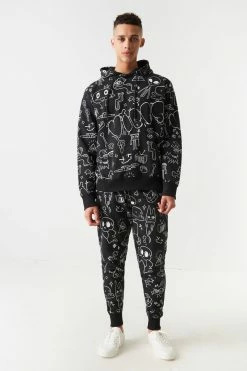 Mens Cartoon Doodles Print Hoodie Tops 5 Mens Cartoon Doodles Print Hoodie Tops