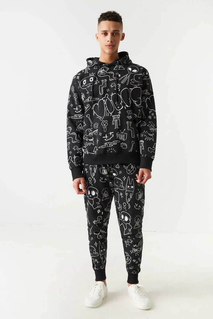 Mens Cartoon Doodles Print Hoodie Tops 3 Mens Cartoon Doodles Print Hoodie Tops