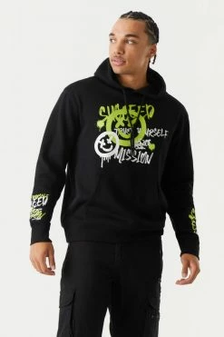 Mens Spray Paint Smiley Graffiti Graphic Hoodie Tops