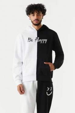 Mens Be Happy Graphic Colour Block Hoodie Tops