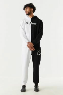 Mens Be Happy Graphic Colour Block Hoodie Tops