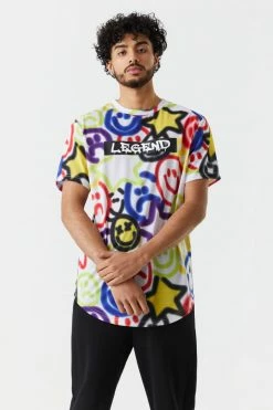 Mens Spray Paint Smiley Print Legend Graphic T-Shirt Tops