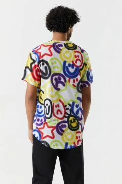 Mens Spray Paint Smiley Print Legend Graphic T-Shirt Tops