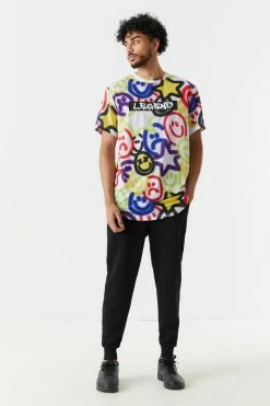 Mens Spray Paint Smiley Print Legend Graphic T-Shirt Tops