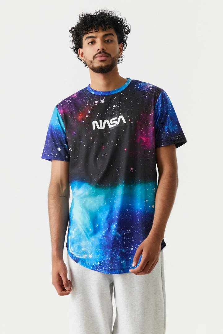 Mens Galaxy Print NASA Graphic Long Line T-Shirt Tops 1 Mens Galaxy Print NASA Graphic Long Line T-Shirt Tops