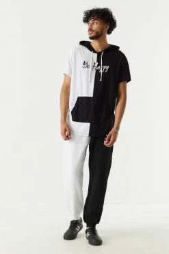 Mens Tops Be Happy Graphic Colour Block Short Sleeve Hoodie