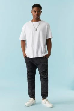 Mens Online Exclusive Drawstring Black Wash Denim Moto Jogger