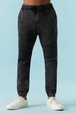 Mens Online Exclusive Drawstring Black Wash Denim Moto Jogger