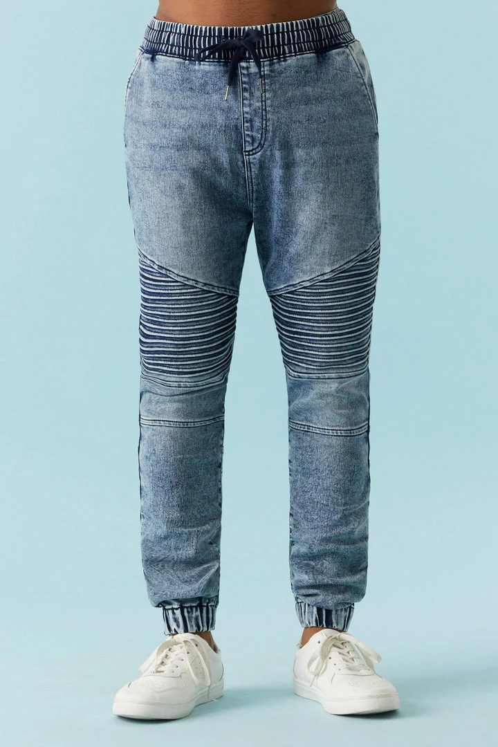 Mens Online Exclusive Drawstring Medium Wash Denim Moto Jogger 1 Mens Online Exclusive Drawstring Medium Wash Denim Moto Jogger