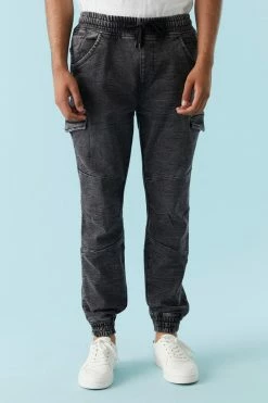 Mens Black Wash Denim Knit Cargo Jogger Online Exclusive