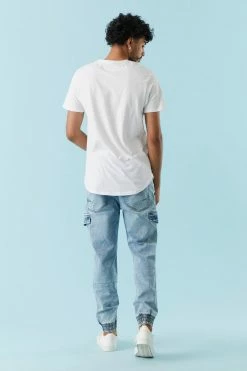 Mens Light Wash Denim Knit Cargo Jogger