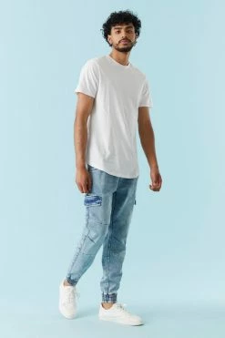 Mens Light Wash Denim Knit Cargo Jogger