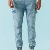 Mens Light Wash Denim Knit Cargo Jogger