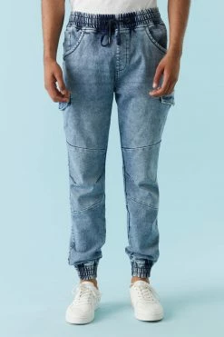 Mens Medium Wash Denim Knit Cargo Jogger Online Exclusive