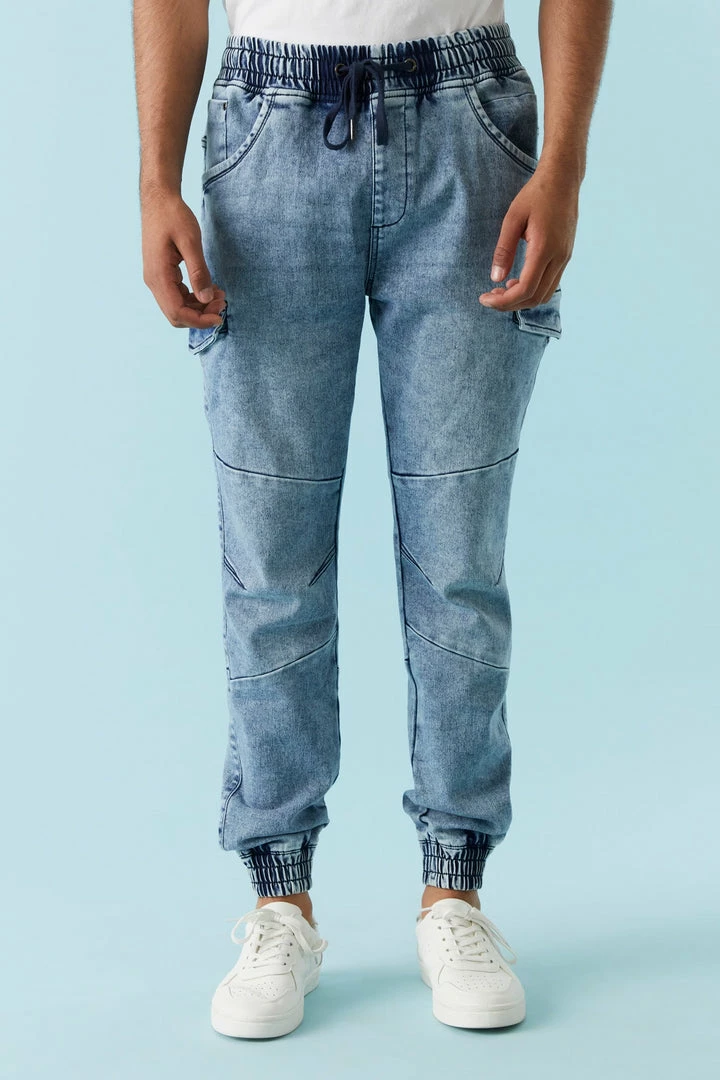 Mens Medium Wash Denim Knit Cargo Jogger Online Exclusive 1 Mens Medium Wash Denim Knit Cargo Jogger Online Exclusive