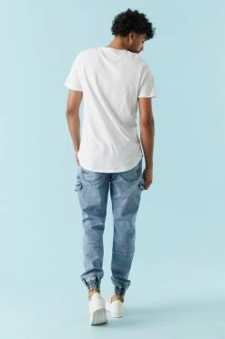 Mens Medium Wash Denim Knit Cargo Jogger Online Exclusive