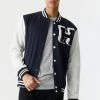 Mens H Graphic Button-Up Varsity Bomber Jacket Jackets + Coats