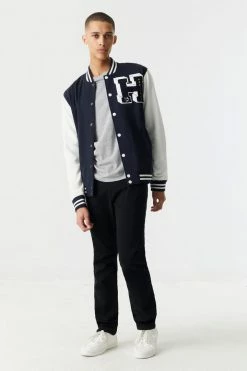 Mens H Graphic Button-Up Varsity Bomber Jacket Jackets + Coats