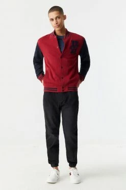 Mens H Graphic Button-Up Varsity Bomber Jacket Jackets + Coats