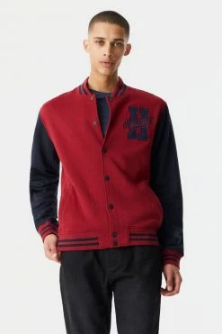 Mens H Graphic Button-Up Varsity Bomber Jacket Jackets + Coats