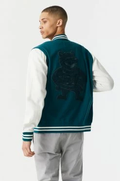 Mens 54 Mascot Graphic Button-Up Varsity Bomber Jacket