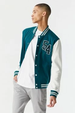 Mens 54 Mascot Graphic Button-Up Varsity Bomber Jacket