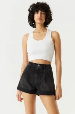 Stitches Ladies Denim Shorts Black Denim Pleated Mom Short