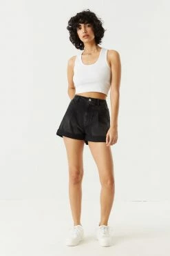 Stitches Ladies Denim Shorts Black Denim Pleated Mom Short