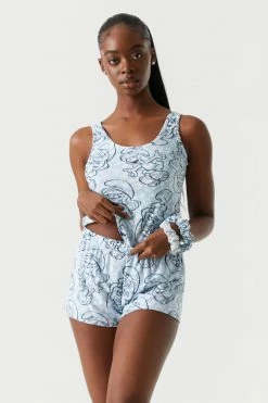 Stitches Ladies 4-Piece Smurfette Print Tank And Short Pajama Set With Scrunchies