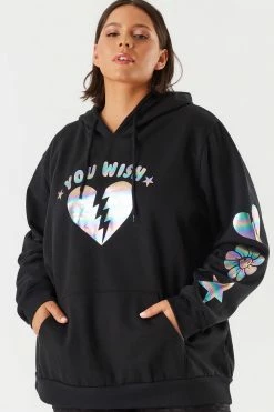 Urban Ladies Plus Plus Size Graphic You Wish Boyfriend Hoodie Tops