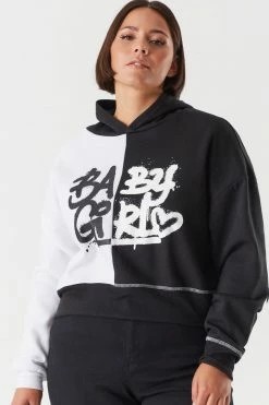 Stitches Ladies Tops Plus Size Fleece Spliced Graphic Cropped Hoodie