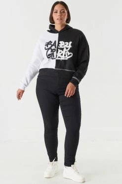 Stitches Ladies Tops Plus Size Fleece Spliced Graphic Cropped Hoodie