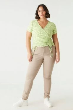 Stitches Ladies Tops Plus Size Checkered Print Double Ruched Front Tie Top