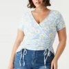 Stitches Ladies Tops Plus Size Daisy Print Double Ruched Front Tie Top