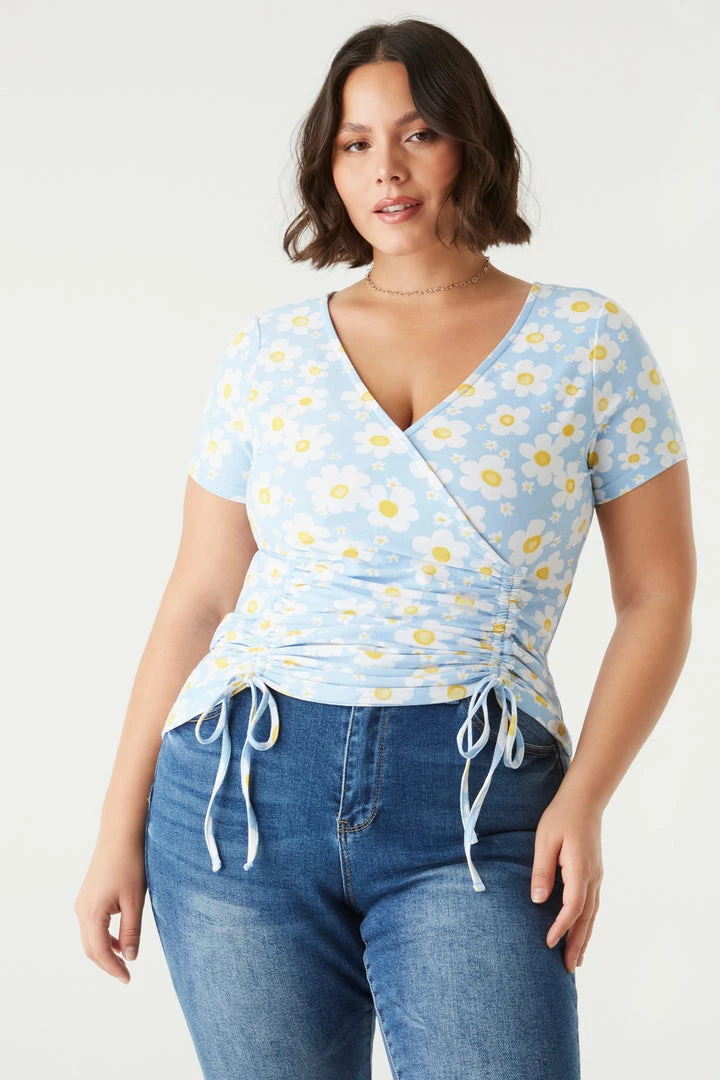 Stitches Ladies Tops Plus Size Daisy Print Double Ruched Front Tie Top 1 Stitches Ladies Tops Plus Size Daisy Print Double Ruched Front Tie Top
