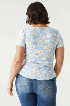 Stitches Ladies Tops Plus Size Daisy Print Double Ruched Front Tie Top