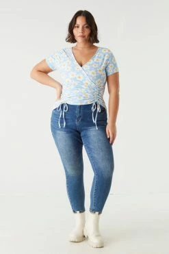 Stitches Ladies Tops Plus Size Daisy Print Double Ruched Front Tie Top 5 Stitches Ladies Tops Plus Size Daisy Print Double Ruched Front Tie Top