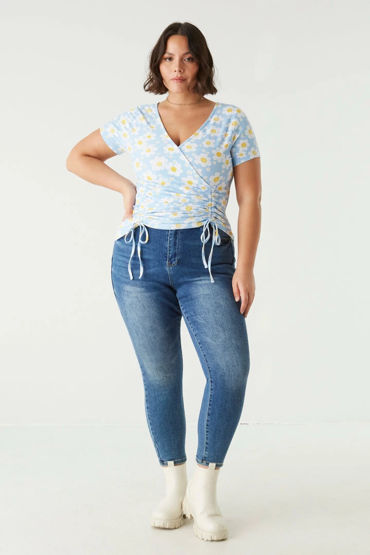 Stitches Ladies Tops Plus Size Daisy Print Double Ruched Front Tie Top 3 Stitches Ladies Tops Plus Size Daisy Print Double Ruched Front Tie Top