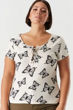 Stitches Ladies Plus Size Butterfly Printed Lace-Up Front T-Shirt Tops