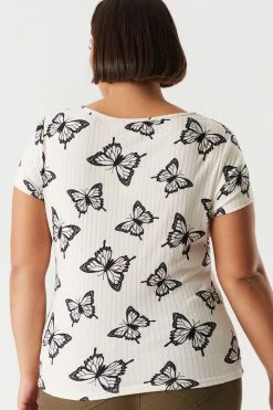Stitches Ladies Plus Size Butterfly Printed Lace-Up Front T-Shirt Tops